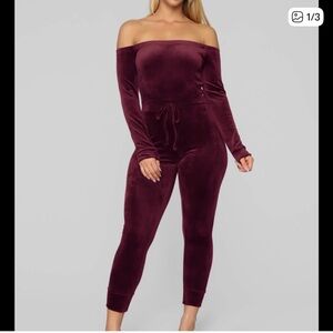 Fashion Nova Purple Off-Shoulder Jumpsuit with Fitted Bodice